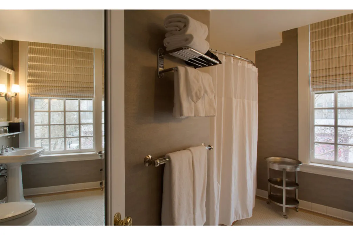 A serene bathroom scene featuring a shower curtain by a window, plush towels neatly displayed, and a clean, inviting sink area. Natural light filters through the window, creating a tranquil atmosphere perfect for unwinding. The layout suggests ample vanity space and attention to detail, with the plush textiles hinting at luxury amenities.