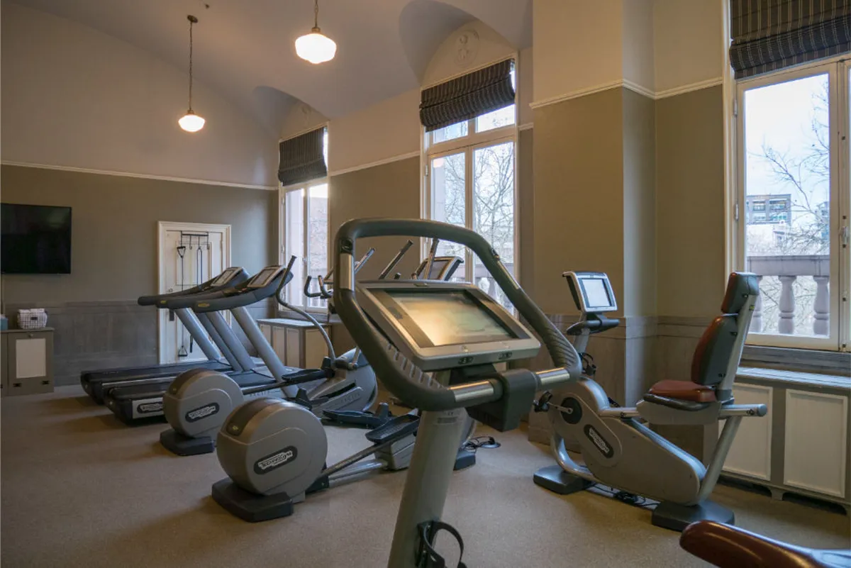 A bright, motivational fitness center featuring modern treadmills and elliptical machines positioned near large windows. The natural light and spacious layout create an energetic atmosphere ideal for maintaining wellness routines.
